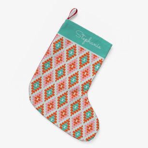 Meia De Natal Pequena Cute Winter Geométrico Patterno Teal e Nome Rosa