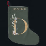 Meia De Natal Pequena D Monograma Floral Personalizado<br><div class="desc">Florial da letra D monograma. A letra D,  de textura castanha ouro,  acentuada com folhas compostas de cor aquosa verde,  flores e pó de ouro. Personalizado com o nome na fonte correspondente.</div>