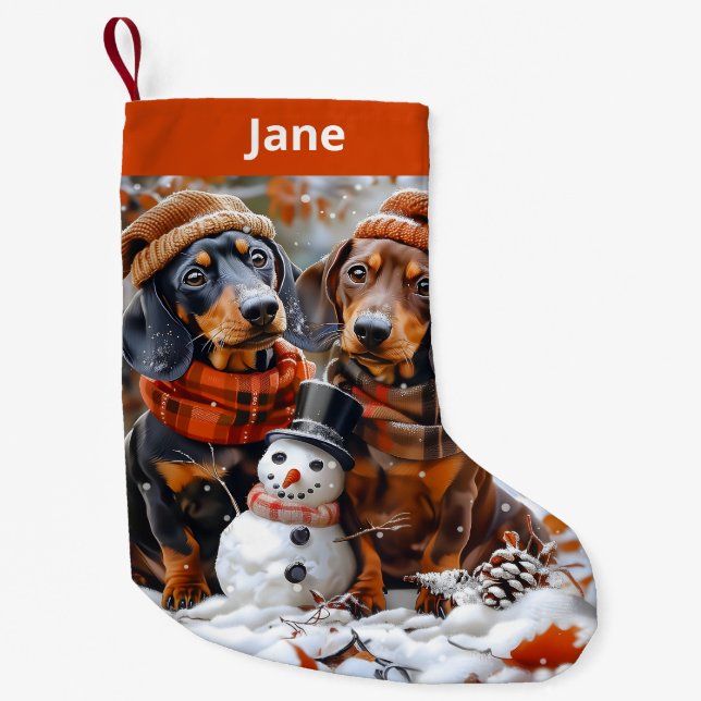 Meia De Natal Pequena Dachshances e Snowman Christmas Stocks (Frente)