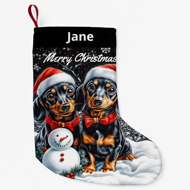 Meia De Natal Pequena Dachshances e Snowman Christmas Stocks (Frente)