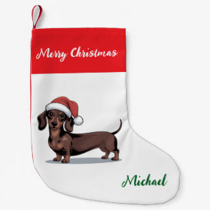 Meia De Natal Pequena Dachshund Personalizado com Chapéu de Papai Noel N