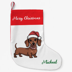 Meia De Natal Pequena Dachshund Personalizado com Chapéu de Papai Noel N