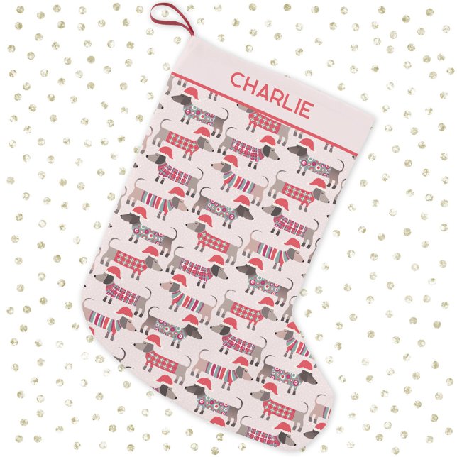 Meia De Natal Pequena Dachshund Sausage Cães de Natal Personalizados (Fun dachshund wiener sausage dogs in Santa Hats pattern personalized Christmas stocking)