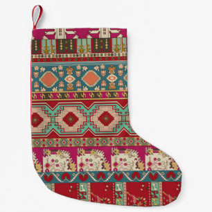 Meia De Natal Pequena Damasco, floral e geométrico com patchwo colorido