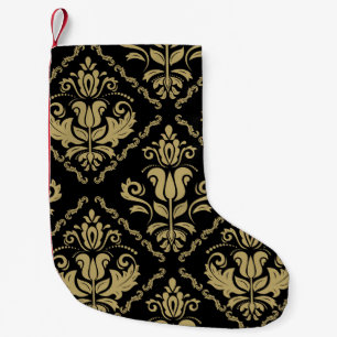 Meia De Natal Pequena Damask Black Dourado: Ornament Clássico.