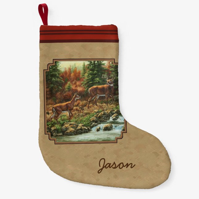 Meia De Natal Pequena Deer and Stream Waterfall Tan (Frente)