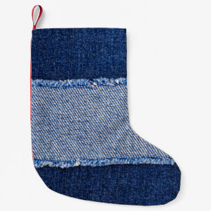 Meia De Natal Pequena Densidade torn: tecido jeans azul.