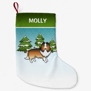 Meia De Natal Pequena Desative Sheltie Cartoon Dog Em Inverno E Nome