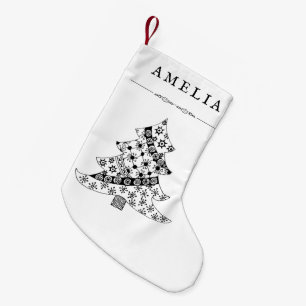 Meia De Natal Pequena Desenho de padrão de árvore de Natal preto e bra