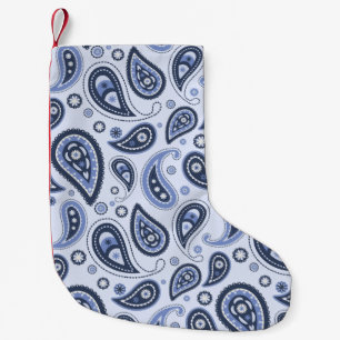 Meia De Natal Pequena Desenho Intrincado de Estampa Paisley Floral Azul