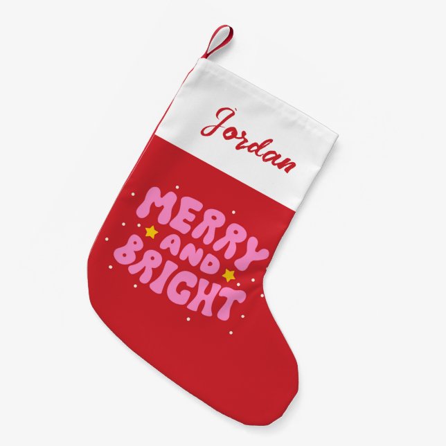 Meia De Natal Pequena Design de Feriado Retro e Feliz de Férias Brilhant (Frente (Pendurada))