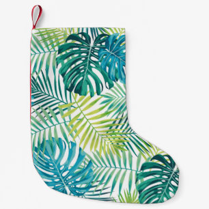 Meia De Natal Pequena Design de folha tropical com palma verde/azul e
