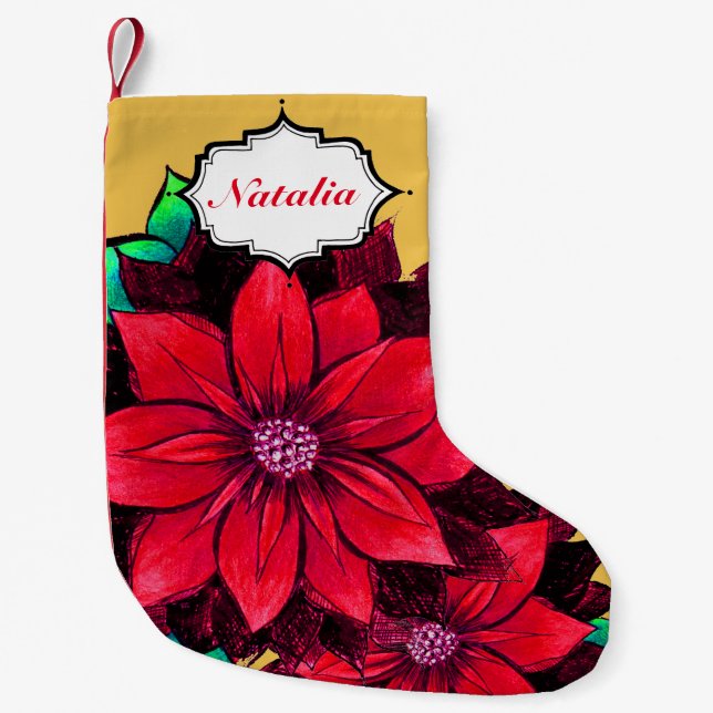Meia De Natal Pequena Design VERMELHO CLÁSSICO da POINSÉTIA (Frente)