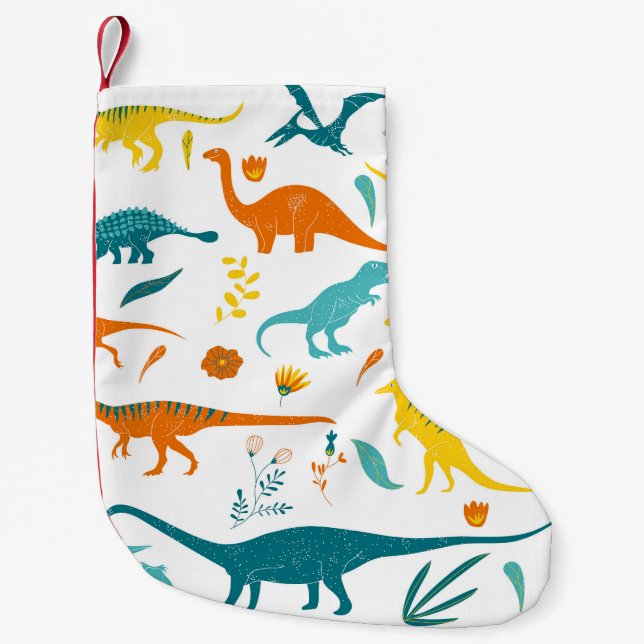 Meia De Natal Pequena Dinossauros estilizados, elementos florais, fofos. (Frente)