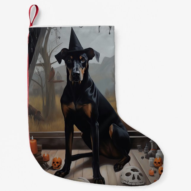 Meia De Natal Pequena Doberman Pumpkins Halloween Scary (Frente)