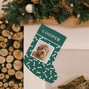 Meia De Natal Pequena Dog Photo Green and White Dog Bone Pattern