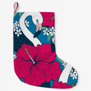 Meia De Natal Pequena Dois flamingos entre o hibisco e as flores da plum