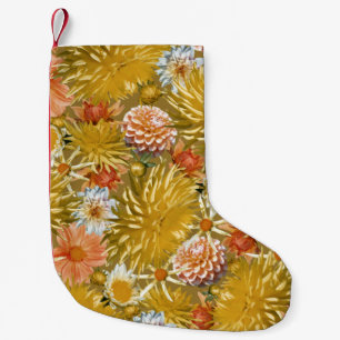 Meia De Natal Pequena Douradas flores dahlia, design floral vintage.