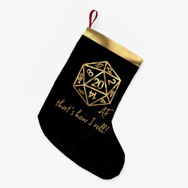 Meia De Natal Pequena Dourado D20 Crit AF | Tabletop Dice What I Roll (Frente (Pendurada))