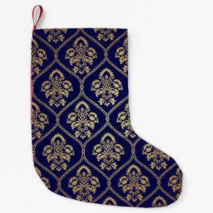 Meia De Natal Pequena Dourado e azul: Damasco de luxo