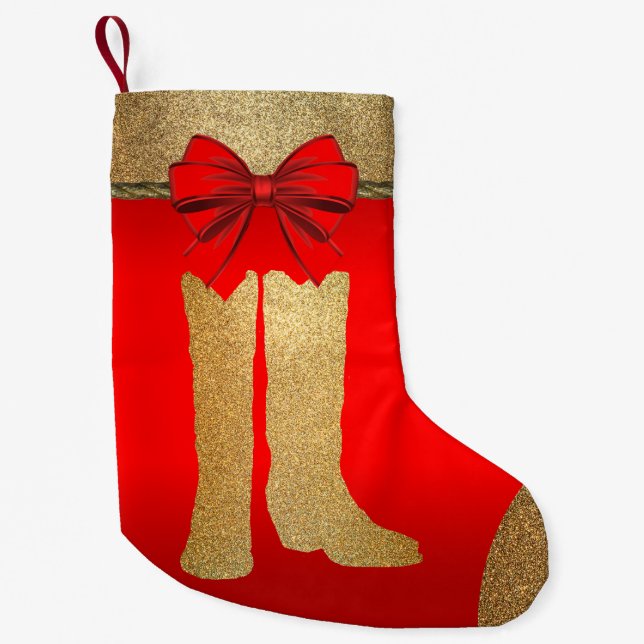 Meia De Natal Pequena Dourado Ocidental Cowboy Boots No Vermelho (Frente)