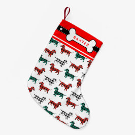 Meia De Natal Pequena Doxies vermelhos da xadrez da flanela do Natal do