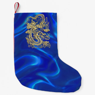 Meia De Natal Pequena Dragão Dourado gravado no cetim azul