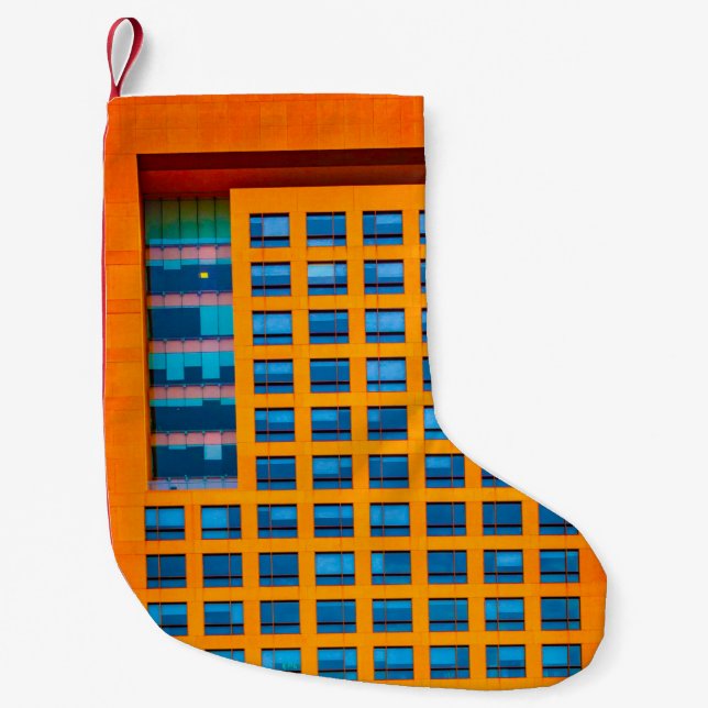 Meia De Natal Pequena Edifício azul e laranja (Frente)