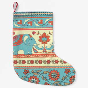 Meia De Natal Pequena Elefantes, flores, padrão estriado étnico