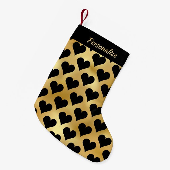Meia De Natal Pequena Elegant Gold Black Hearts Personalized  (Frente (Pendurada))