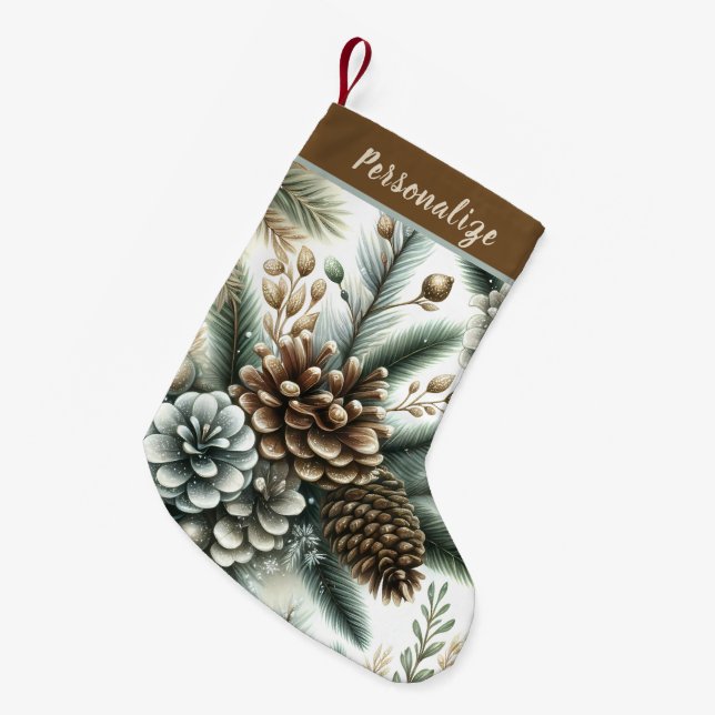 Meia De Natal Pequena Elegant Pinecones Silver and Bronze Personalized (Frente (Pendurada))