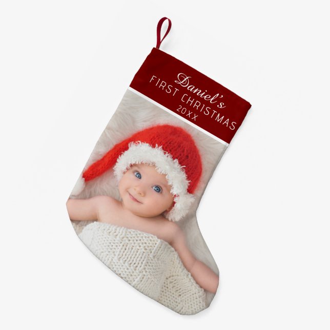 Meia De Natal Pequena Elegant Red Baby Photo Custom Name (Frente (Pendurada))