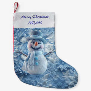 Meia De Natal Pequena Elegante Boneco de Neve Adorável Floral 3D em Azul