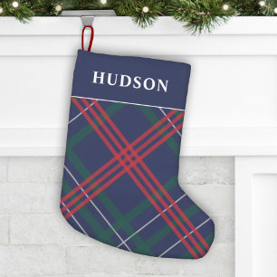 Meia De Natal Pequena Elegante Xadrez Escocês Personalizado em Azul Mari