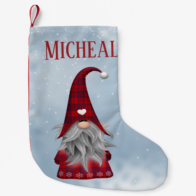 Meia De Natal Pequena Elf de Feriado de Xadrez de Buffalo Preto e Vermel (Frente)