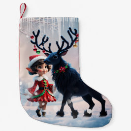 Meia De Natal Pequena Elfo de Natal bonito e renas escuras.