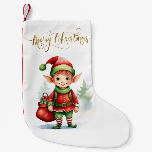 Meia De Natal Pequena Elfo de Natal com um saco de presentes (Frente)
