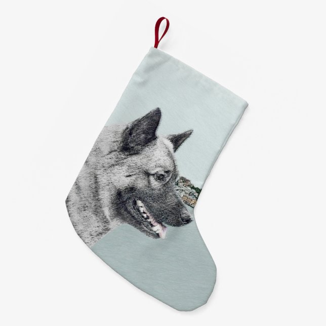 Meia De Natal Pequena Elkhound norueguês na pintura da vila - Arte canin (Frente (Pendurada))