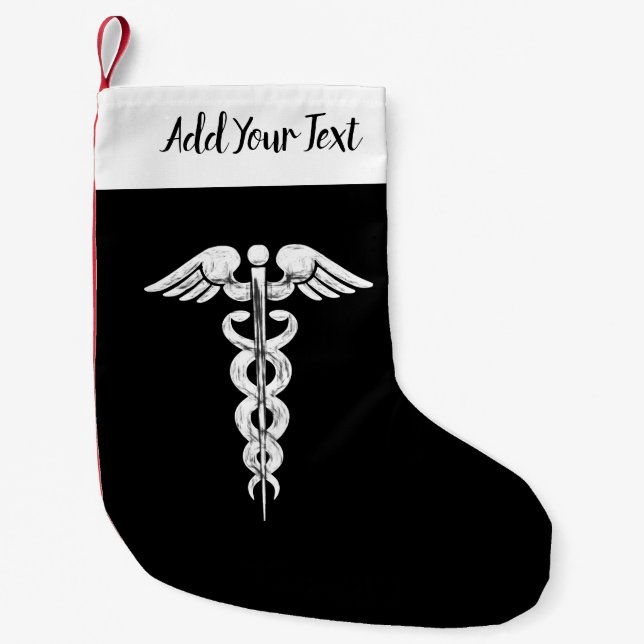 Meia De Natal Pequena Enfermeiro Médico Caduceus Preto Branco (Frente)