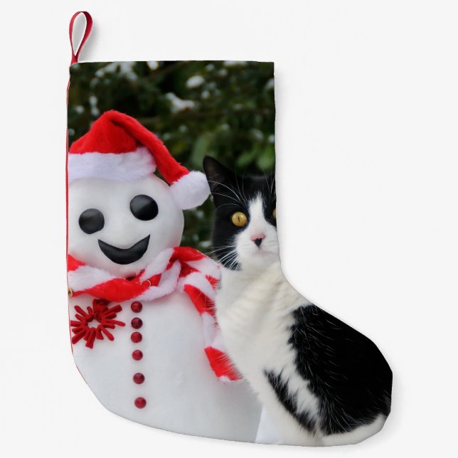 Meia De Natal Pequena Envoltório do Natal do gato e do boneco de neve do (Frente)