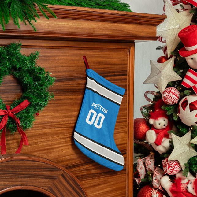 Meia De Natal Pequena Equipe de futebol azul, prata, preto e branco (Criador carregado)