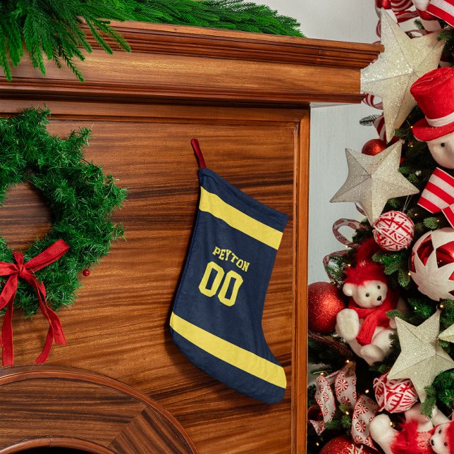 Meia De Natal Pequena Equipe de futebol Dourada e azul personalizada (Criador carregado)