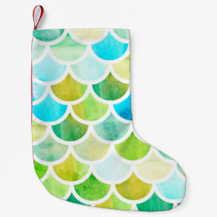 Meia De Natal Pequena Escala de sereia. Balanças de peixe de aquarelas.