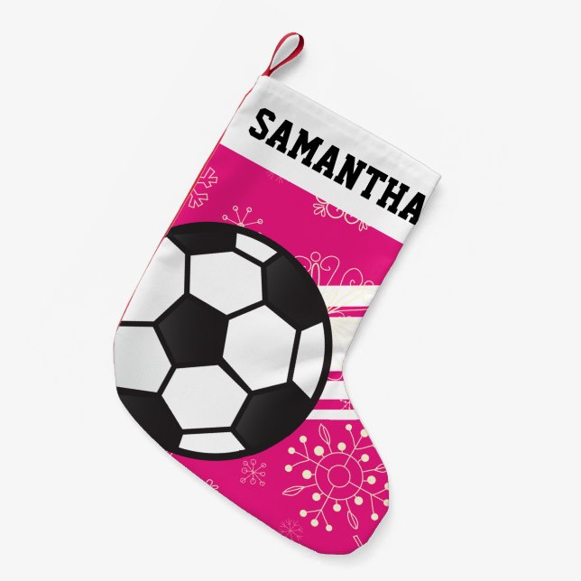 Meia De Natal Pequena Esportes Personalizados - Listras do Futebol Rosa (Frente (Pendurada))