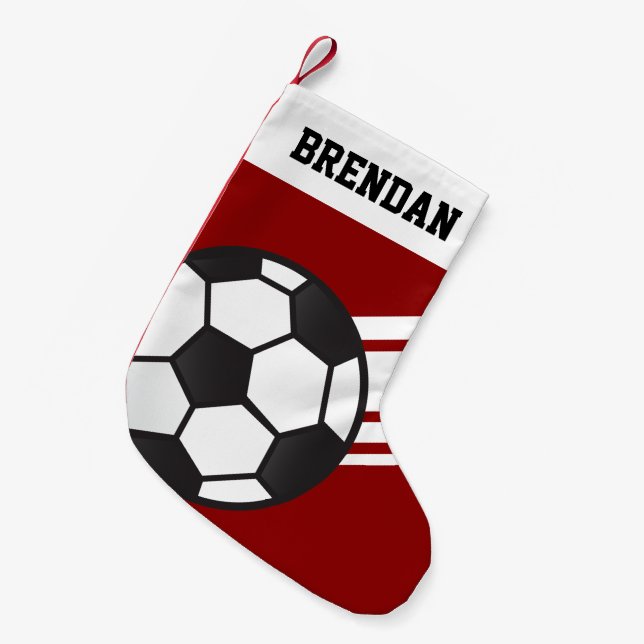 Meia De Natal Pequena Esportes Personalizados Stripes Soccer Vermelho (Frente (Pendurada))