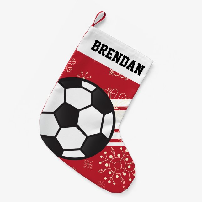 Meia De Natal Pequena Esportes Personalizados Stripes Soccer Vermelho (Frente (Pendurada))