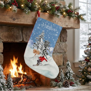 Meia De Natal Pequena Esqui Esquiador Neve Aquarela Personalizada