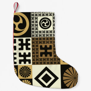 Meia De Natal Pequena estilo japonês, padrões sem costura de ouro preto.