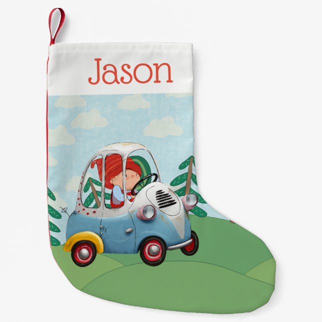 Meia De Natal Pequena Estoque de Natal Personalizado - Elf em um Carro (Frente)