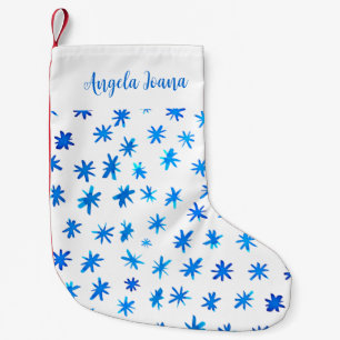 Meia De Natal Pequena Estrelas aquarelas com nome - azul